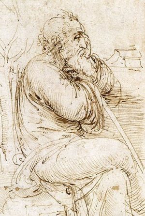 ROC409852 A seated old man, and studies and notes on the movement of water, c.1510 (pen & ink on paper) by Vinci, Leonardo da (1452-1519); 15.4x21.7 cm; The Royal Collection Â© 2011 Her Majesty Queen Elizabeth II; (add.info.: in the text Leonardo compares the movement of water to plaited hair; probably acquired by Charles II; in Royal Collection by 1690;); REPRODUCTION PERMISSION REQUIRED; Italian,  out of copyright

PLEASE NOTE: The Bridgeman Art Library works with the owner of this image to clear permission. If you wish to reproduce this image, please inform us so we can clear permission for you.